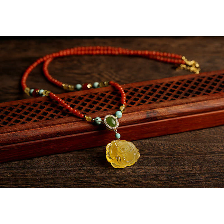 Collana con ciondolo in argento sterling 925 con agata rossa naturale, ambra e peonia, simbolo di fiducia