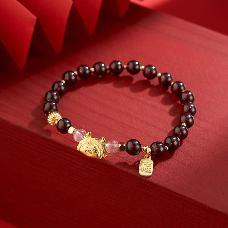 Buddha Stones Anno del Drago Gnocco Agata Rossa Naturale Granato Giada Hetian Fu Carattere Braccialetto Fortuna Successo