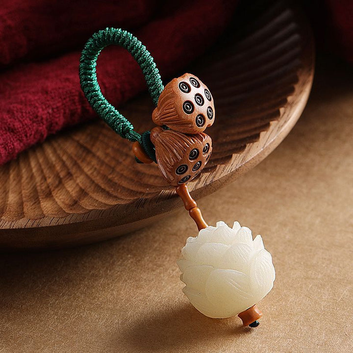 Buddha Stones Loto Naturale Bianco Bodhi Seme Legno di Pesca Fortuna Portachiavi Decorazione