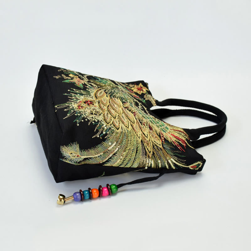 Borsa a tracolla con ricamo a doppia faccia con Buddha Stones e pavone