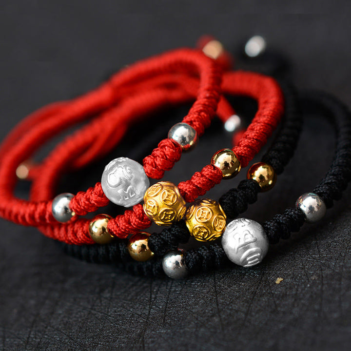 Buddha Stones 999 Sterling Silver Om Mani Padme Hum Moneta di rame Fortuna Forza Corda Bracciale di coppia