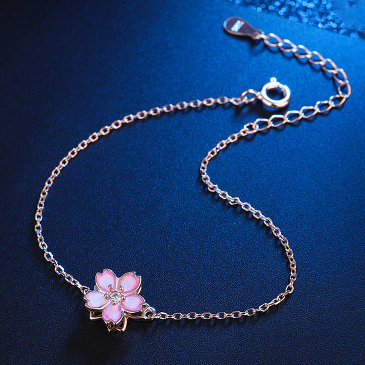Bracciale a catena con benedizione in fiore di ciliegio in argento sterling 925 Buddha Stones, anello girevole