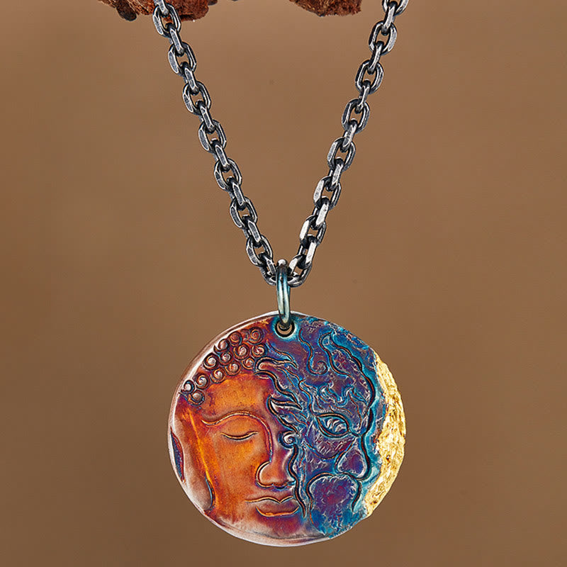 Collana con ciondolo a forma Buddha Stones in argento sterling 999 e oro 24K, metà demone e metà Buddha, con compassione - image 2