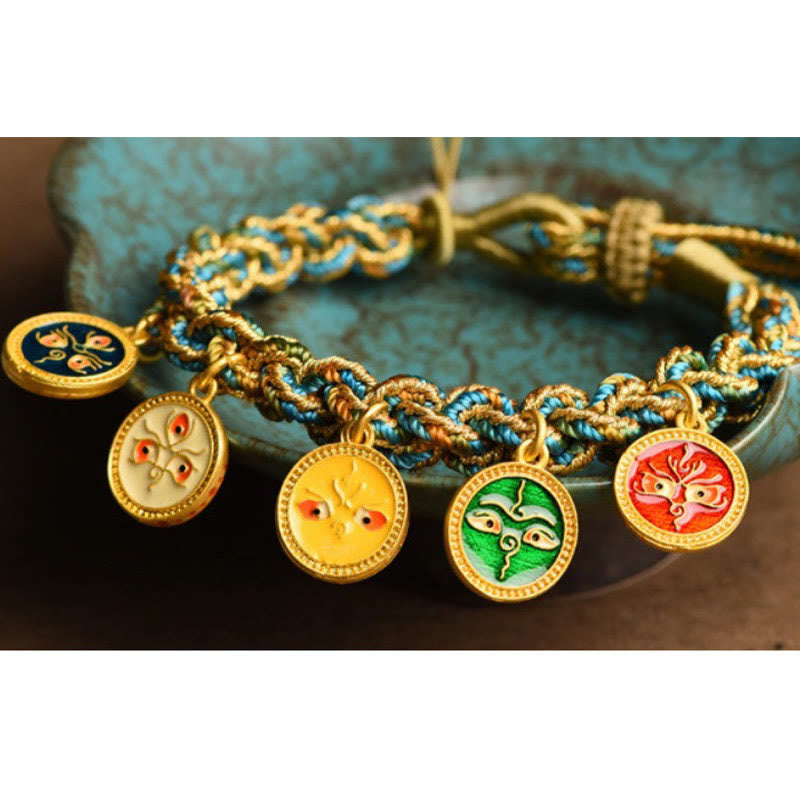 Braccialetto intrecciato a mano con corda intrecciata , Buddha Stones tibetane, cinque divinità della ricchezza e della fortuna
