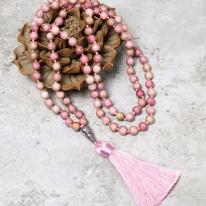 Buddha Stones 108 Mala Rhodonite Beads Yoga Meditazione Preghiera Bracciale