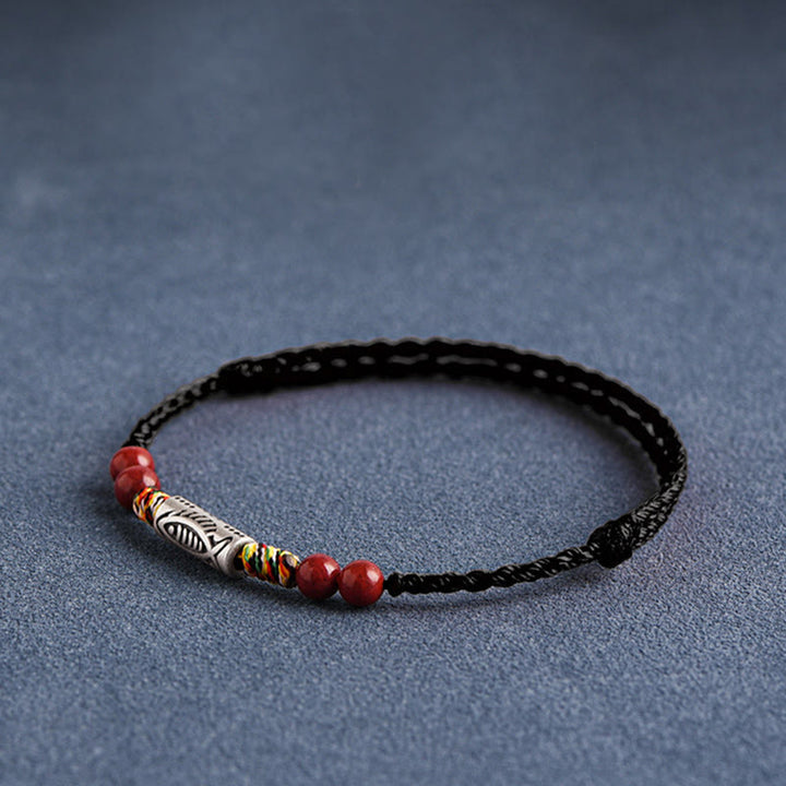 Buddha Stones 925 Sterling Silver Koi Fish Cinnabar Bead Wealth Braccialetto intrecciato artigianale Cavigliera