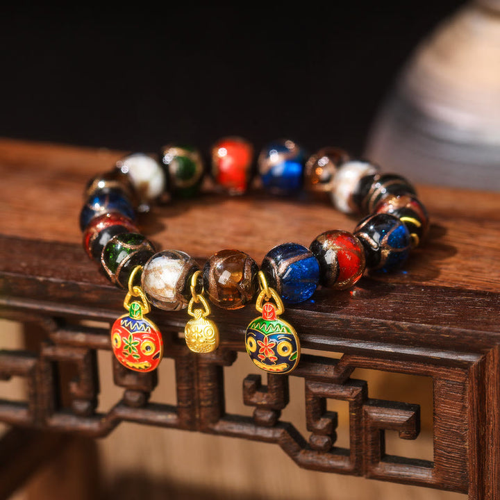 Buddha Stones Cinque Elementi Oro Bestia che deglutisce Fascino Famiglia Braccialetto Portafortuna con Perline di Vetro Liuli