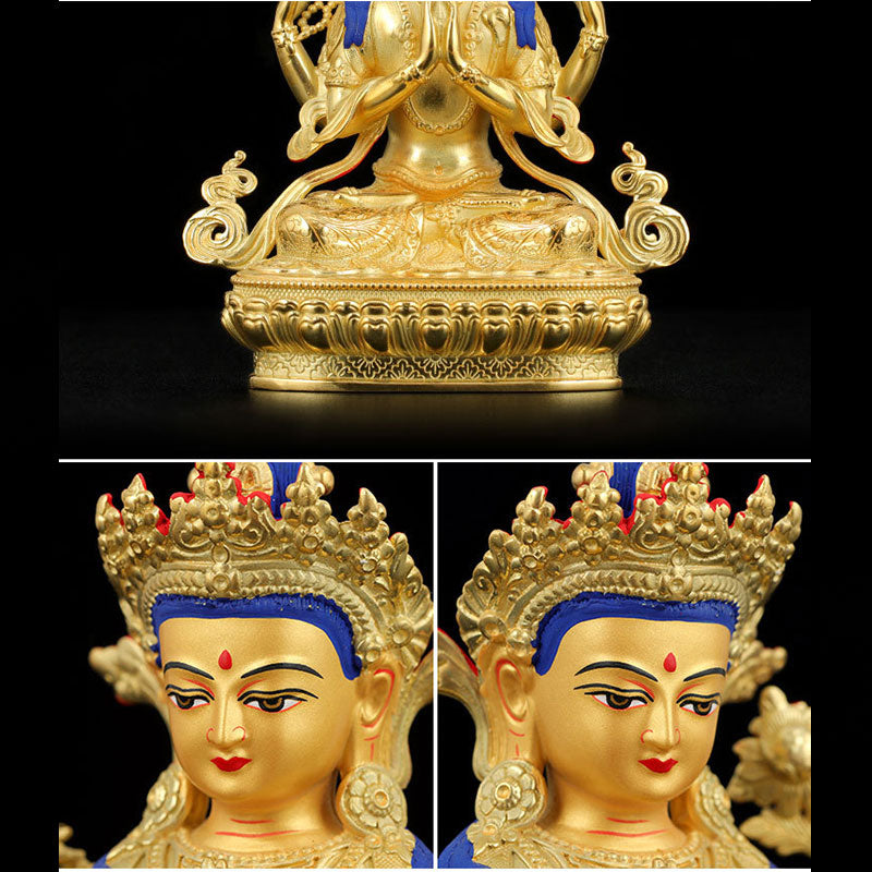 Statua di protezione di Avalokitesvara a quattro braccia di Chenrezig, placcata in oro e rame