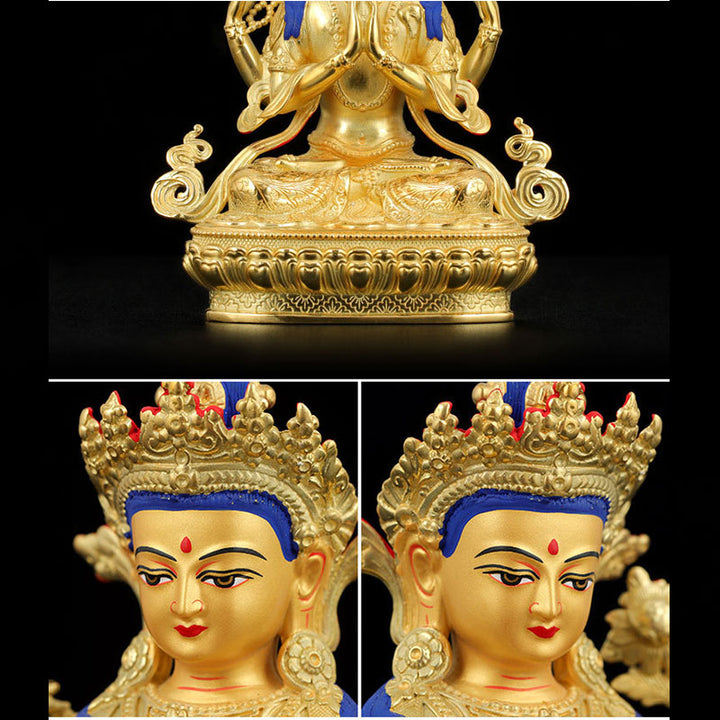 Statua di protezione di Avalokitesvara a quattro braccia di Chenrezig, placcata in oro e rame