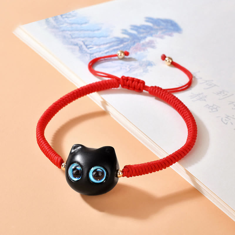 Bracciale intrecciato con motivo a testa di gatto in legno di ebano Buddha Stones, nodo di King Kong della pace - Corda rossa (circonferenza del polso 14-18 cm) - image 9