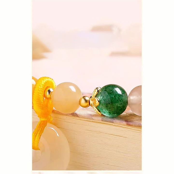 Bracciale Buddha Stones placcato oro 14K, giada di seta dorata colorata, fibbia della pace, ricchezza