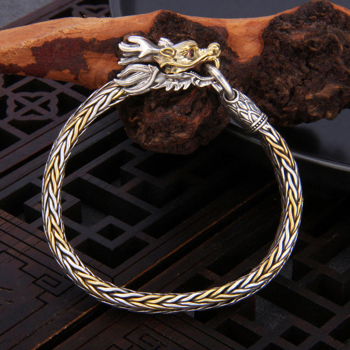 Braccialetto in metallo intrecciato con design a forma di drago Buddha Stones in argento sterling 925 Anno del drago di buon auspicio