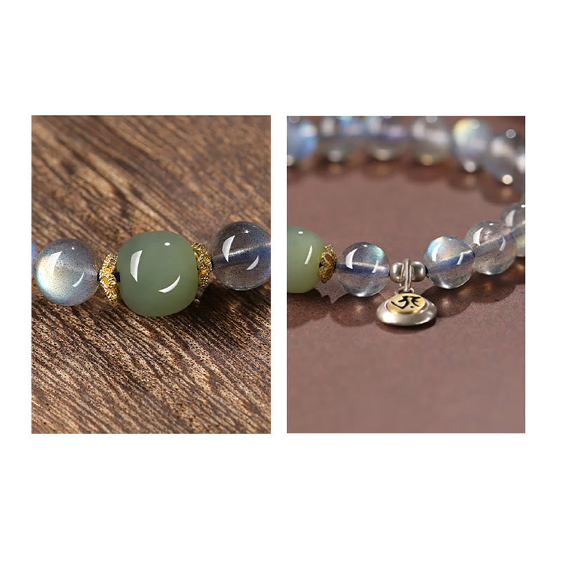 Buddha Stones Zodiaco cinese Buddha natale Argento Sterling 925 Pietra di luna naturale Giada Hetian Braccialetto positivo
