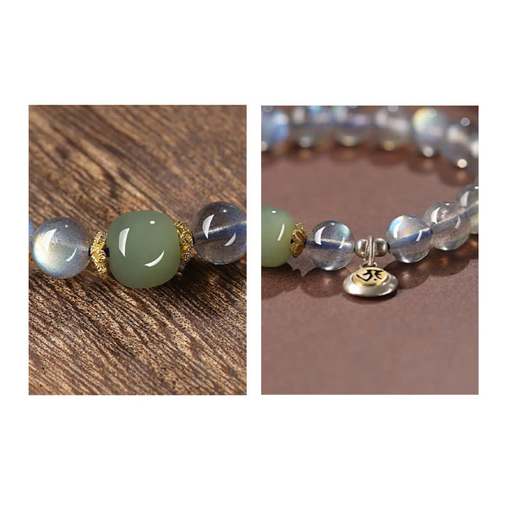 Buddha Stones Zodiaco cinese Buddha natale Argento Sterling 925 Pietra di luna naturale Giada Hetian Braccialetto positivo