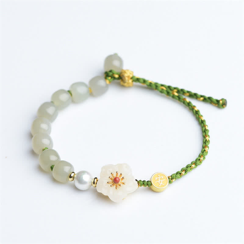 Braccialetto portafortuna in argento sterling 925 con giada naturale Hetian e fiori di pesco