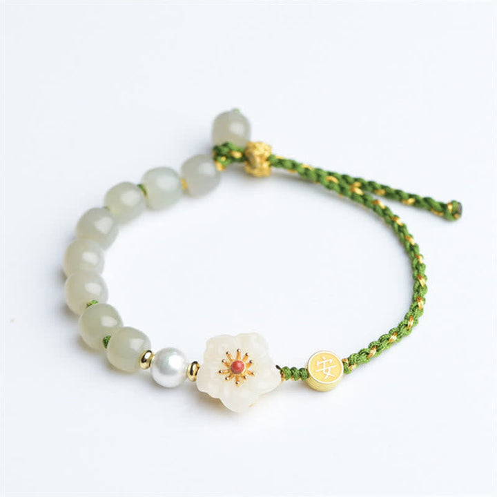 Braccialetto portafortuna in argento sterling 925 con giada naturale Hetian e fiori di pesco