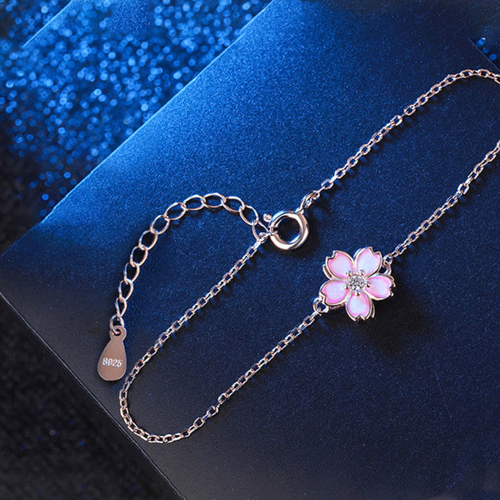 Bracciale a catena con benedizione in fiore di ciliegio in argento sterling 925 Buddha Stones, anello girevole