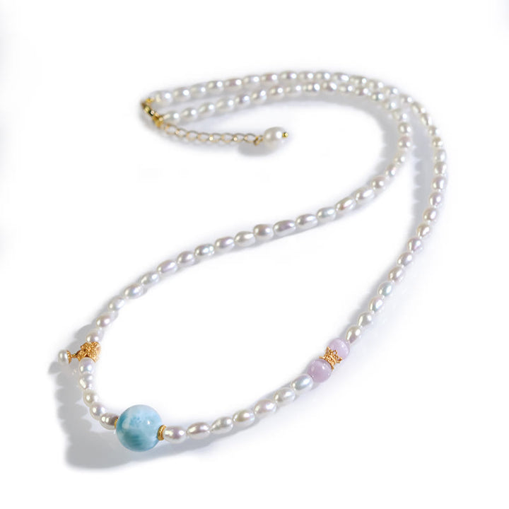 Collana con ciondolo in argento sterling 925 con perle naturali e larimar, motivo: Buddha Stones