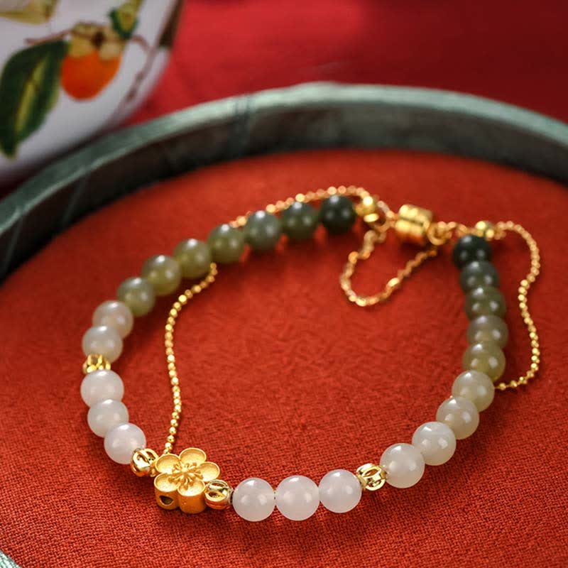 Bracciale Buddha Stones in argento sterling 925 con giada naturale Hetian e fiori di pesco