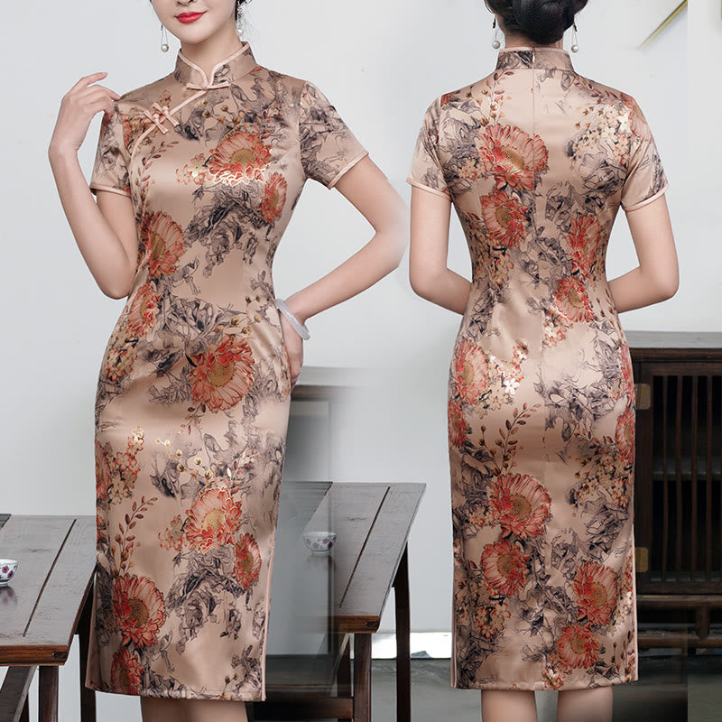 Abito da donna in cheongsam con stampa di piume di peonia e fiori di loto retrò Buddha Stones