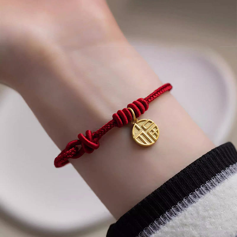 Braccialetto di corda rossa con ciondolo a forma di carattere Fu con nodo della pace a otto fili fatto a mano Buddha Stones