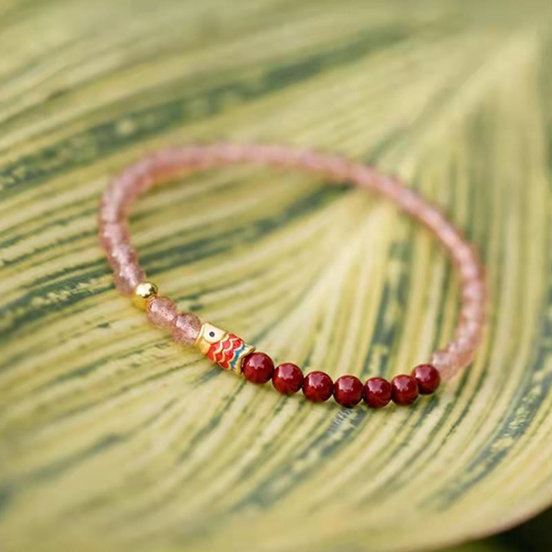 Braccialetto curativo con pesce koi portafortuna in quarzo fragola naturale cinabro Buddha Stones