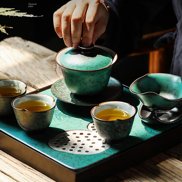 Buddha Stones Retro Green Glaze Ceramic Gaiwan Sancai Tazza da tè Kung Fu Tazza da tè e piattino con coperchio