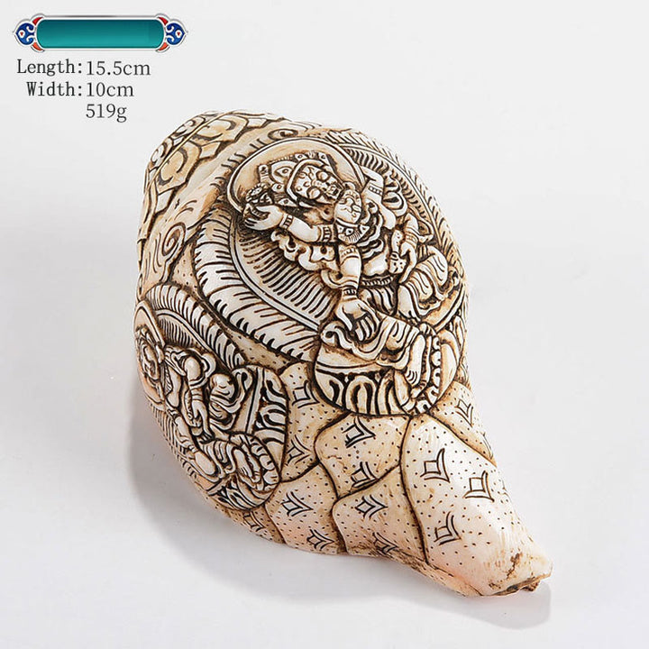 Decorazione di ricchezza di conchiglia di conchiglia di Avalokitesvara Buddha tibetano inciso a mano Shankha - Cinque Dei della Ricchezza 15,5*10cm - image 15