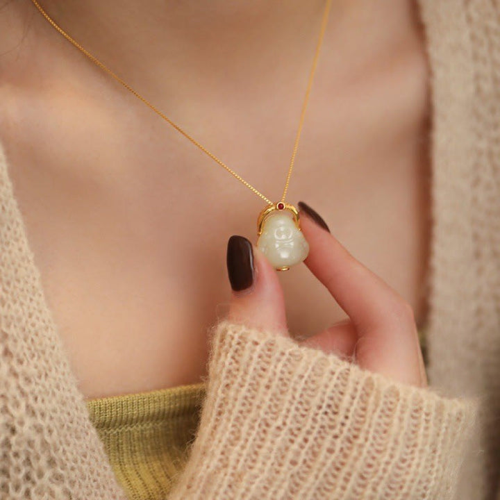 Collana con ciondolo a forma Buddha Stones Buddha con ciondolo a forma di Buddha che ride, in argento sterling 925, giada naturale di Hetian - image 3