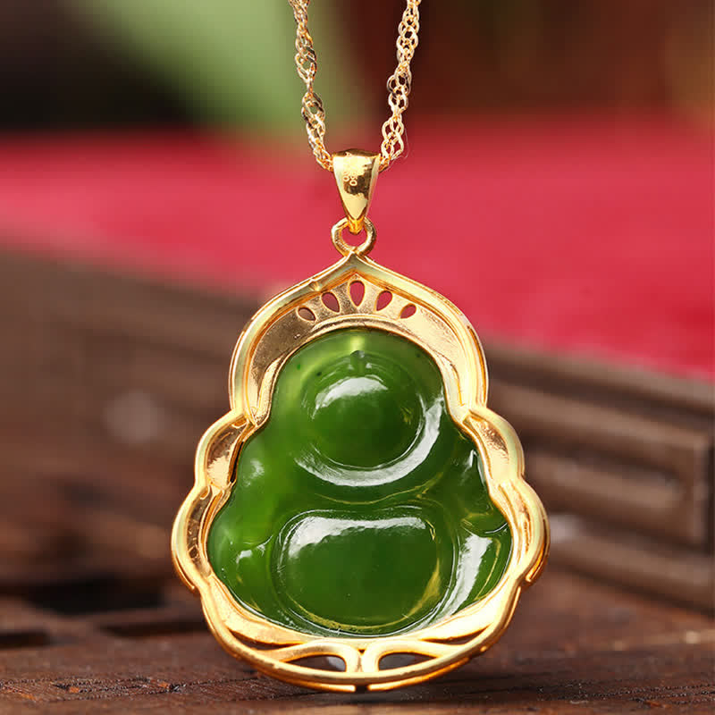 Collana con ciondolo a forma di Buddha che ride in argento sterling 925, giada ciano naturale di Hetian, oro 18 carati, catena di guarigione - image 8