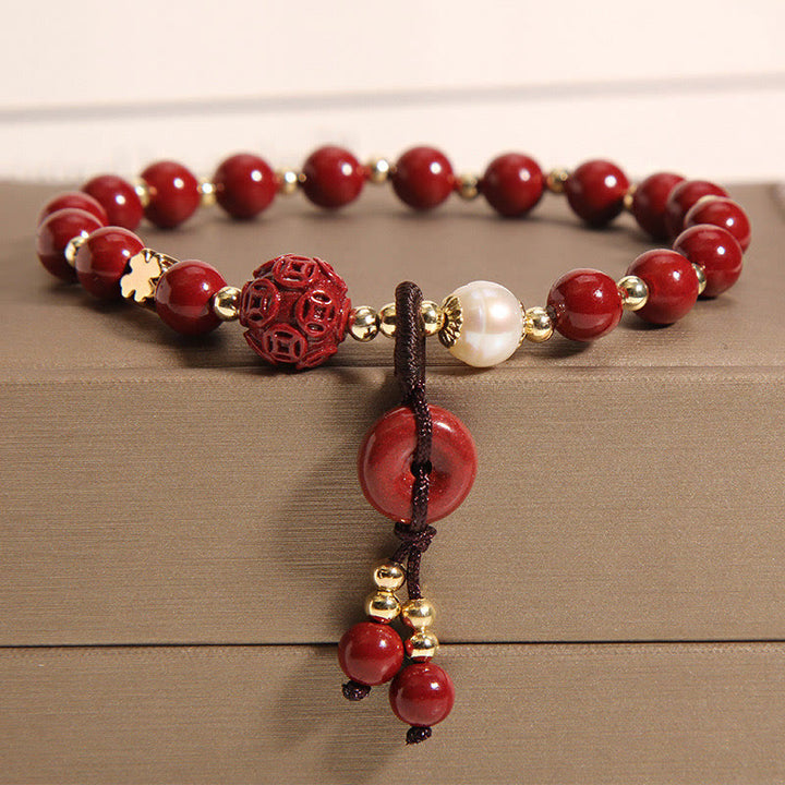 Braccialetto di benedizione con ciondolo moneta di rame con fibbia della pace in cinabro naturale Buddha Stones