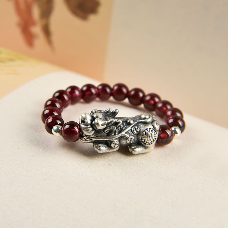 Buddha Stones 925 Sterling Silver Granato Naturale Pietra di Luna Agata Rossa Anello PiXiu Wealth