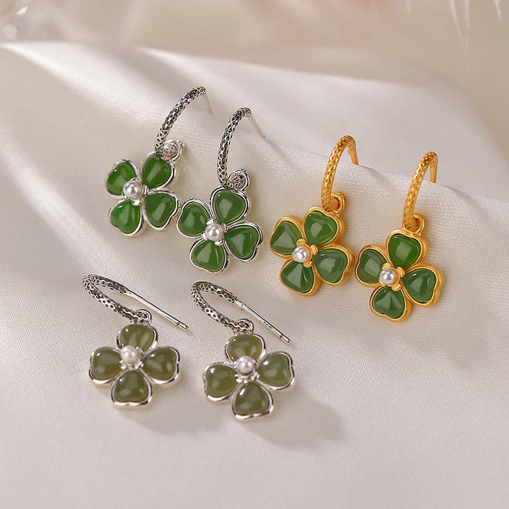 Orecchini Buddha Stones in argento sterling 925 con giada ciano naturale e quadrifoglio, fortuna e successo