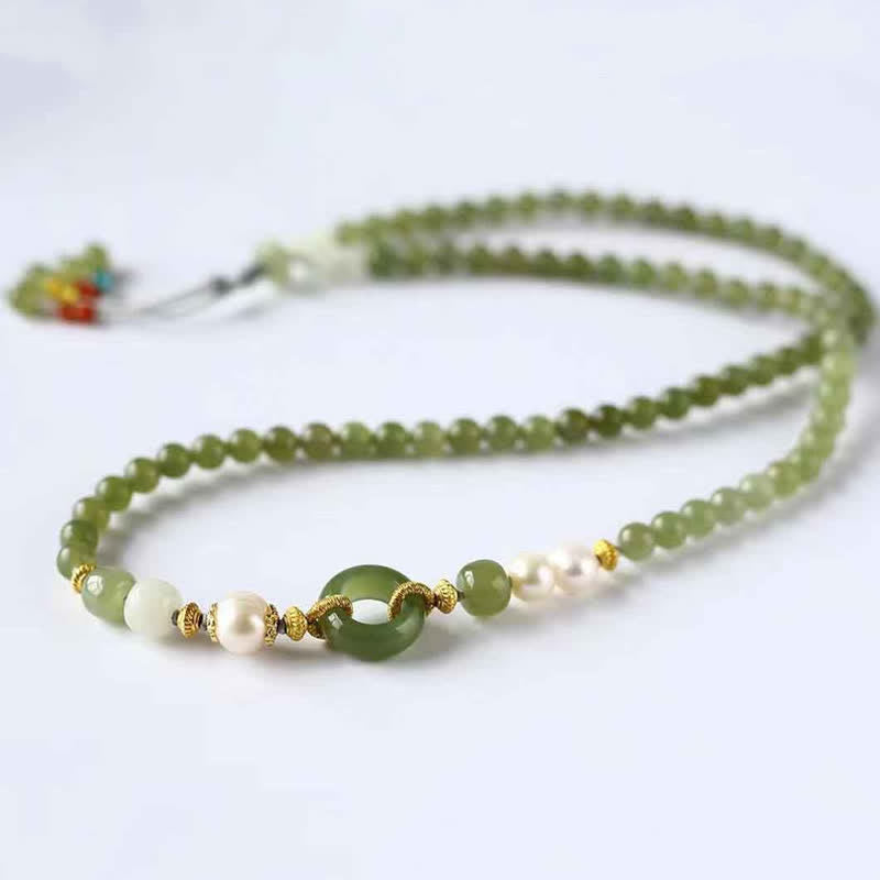 Braccialetto di corda con fibbia della pace, perle di giada Hetian, pietre Buddha Stones e ricchezza