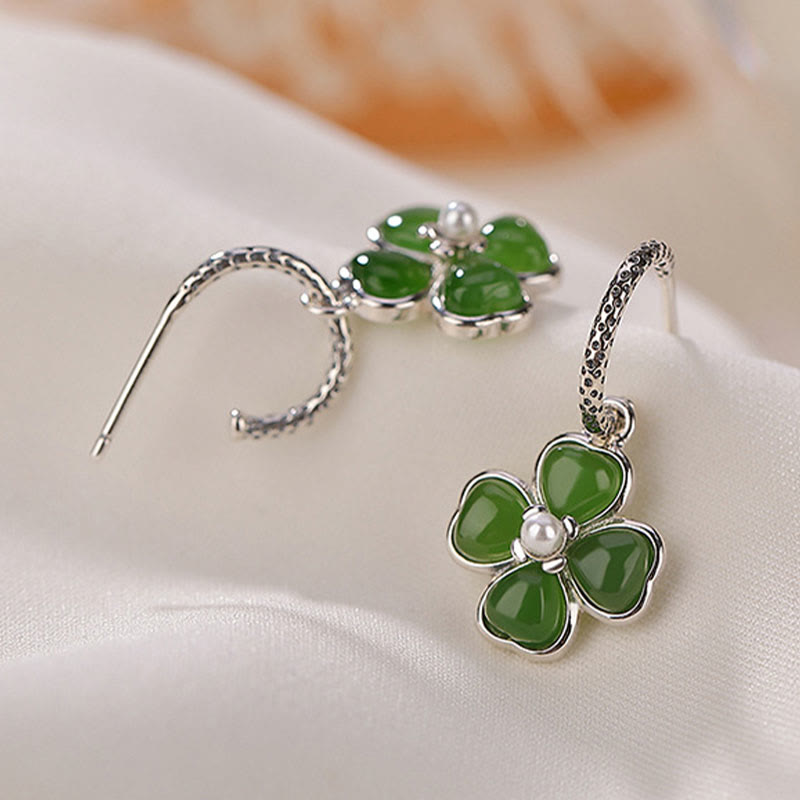 Orecchini Buddha Stones in argento sterling 925 con giada ciano naturale e quadrifoglio, fortuna e successo