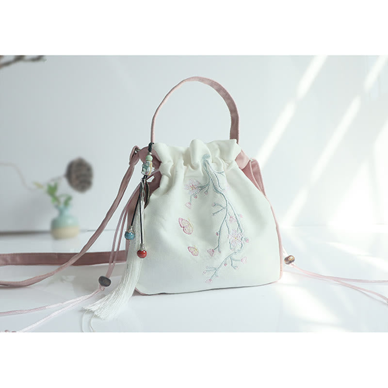 Borsa a tracolla in tela con fiori ricamati a mano con Buddha Stones