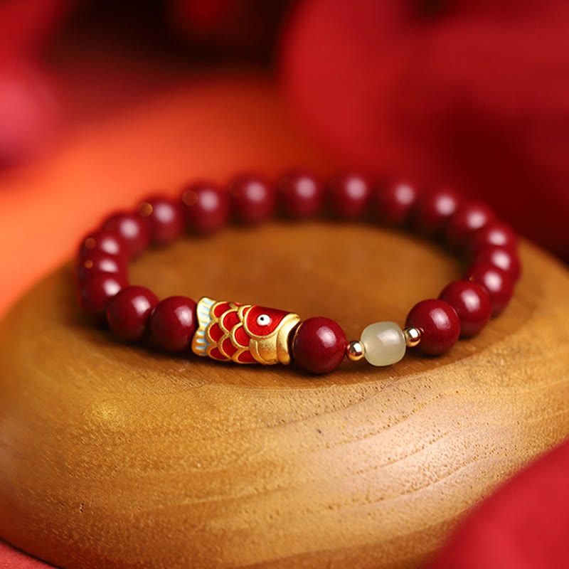 Braccialetto di benedizione con perline di giada Hetian, cinabro naturale, pesce koi fortunato, Buddha Stones