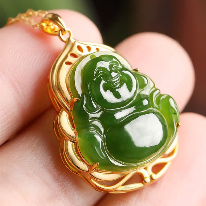 Collana con ciondolo a forma di Buddha che ride in argento sterling 925, giada ciano naturale di Hetian, oro 18 carati, catena di guarigione - image 3