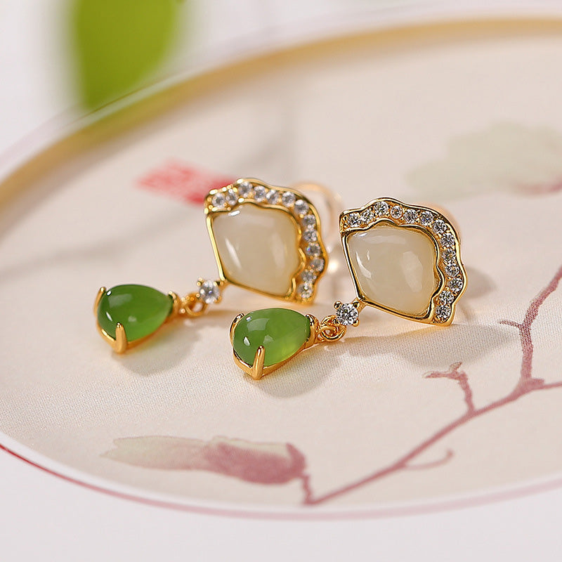 Orecchini pendenti con motivo a goccia d'acqua, motivo a ventaglio di giada Buddha Stones , giada bianca, fortuna - image 1