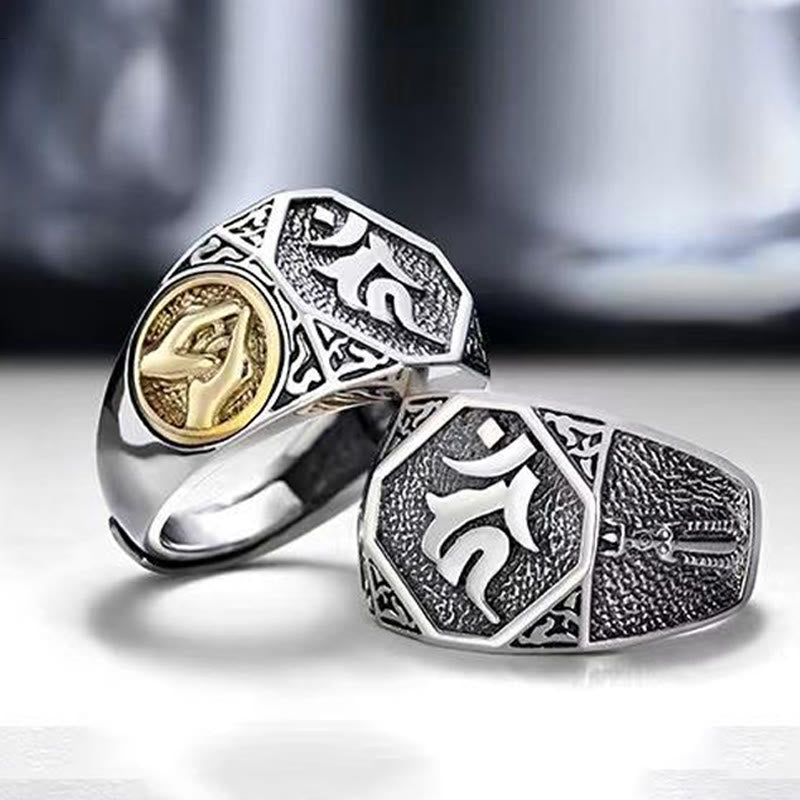 Anello regolabile con protezione intagliata in argento sterling 925 con design sanscrito Buddha Stones
