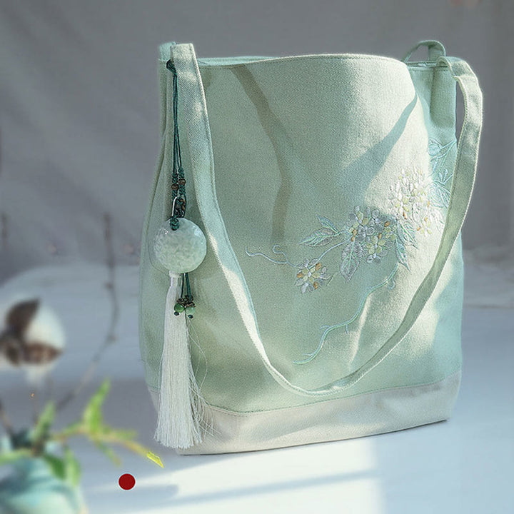 Buddha Stones Flower Crane Plum Blossom Ricamo Tela Grande Capacità Borsa a Tracolla Tote Bag
