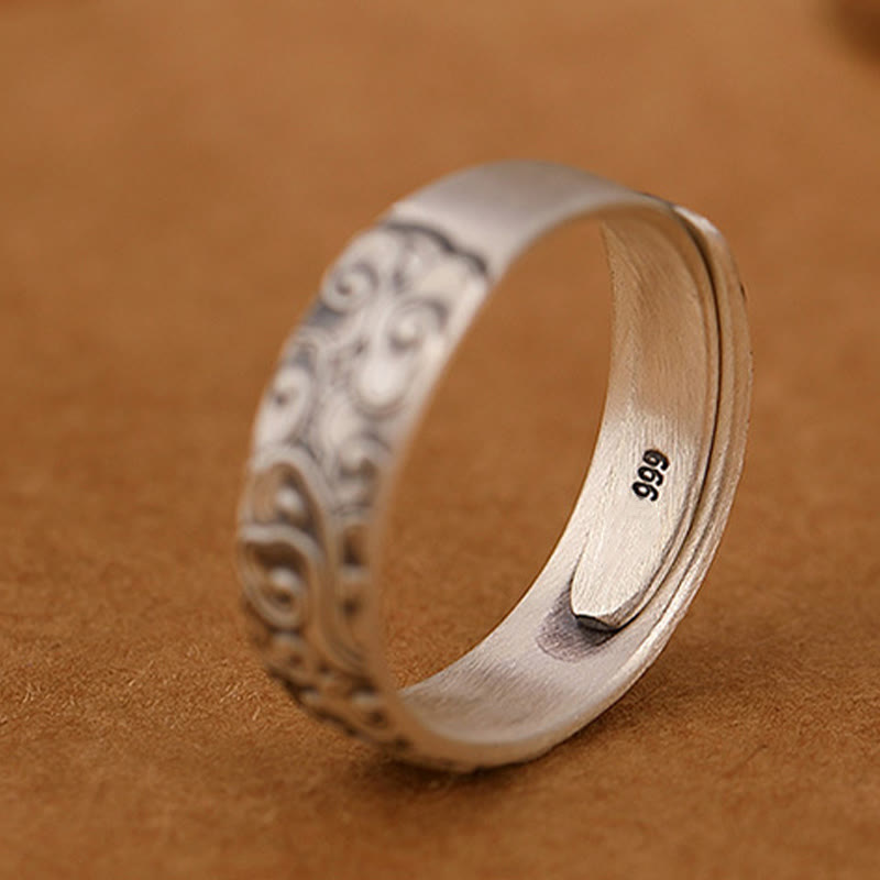 Anello di illuminazione inciso con Buddha Stones in argento sterling 999, fiore di loto, fiore di prugna, nuvole di buon auspicio