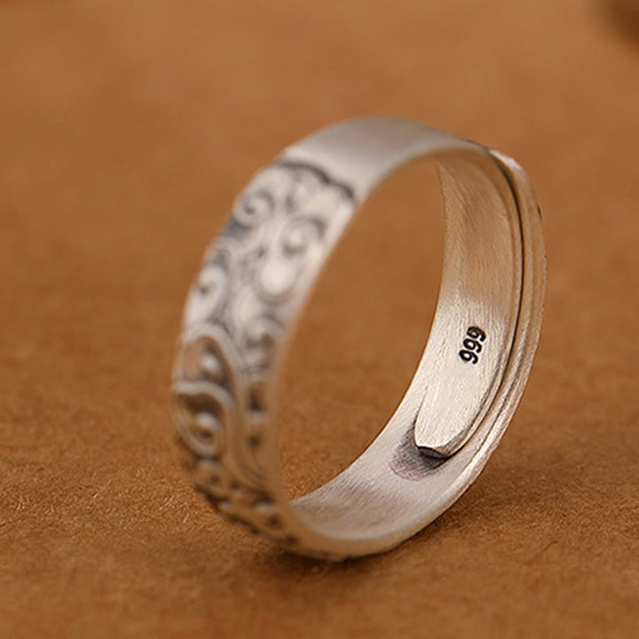 Anello di illuminazione inciso con Buddha Stones in argento sterling 999, fiore di loto, fiore di prugna, nuvole di buon auspicio