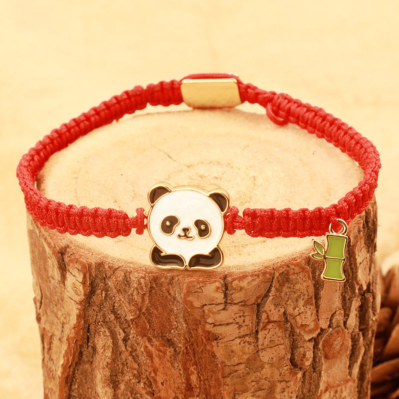 Braccialetto portafortuna rosso in bambù con panda fatto a mano in tibetano con Buddha Stones