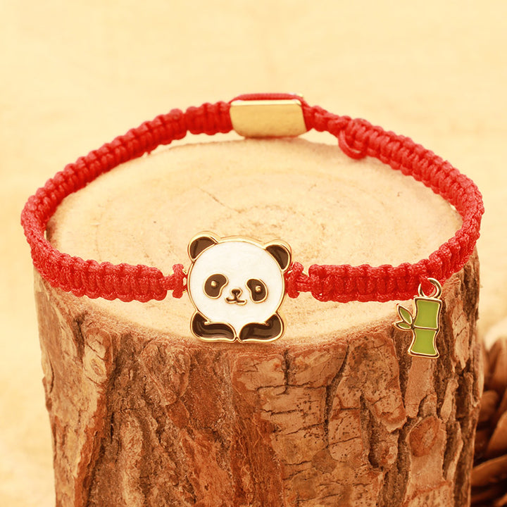 Braccialetto portafortuna rosso in bambù con panda fatto a mano in tibetano con Buddha Stones
