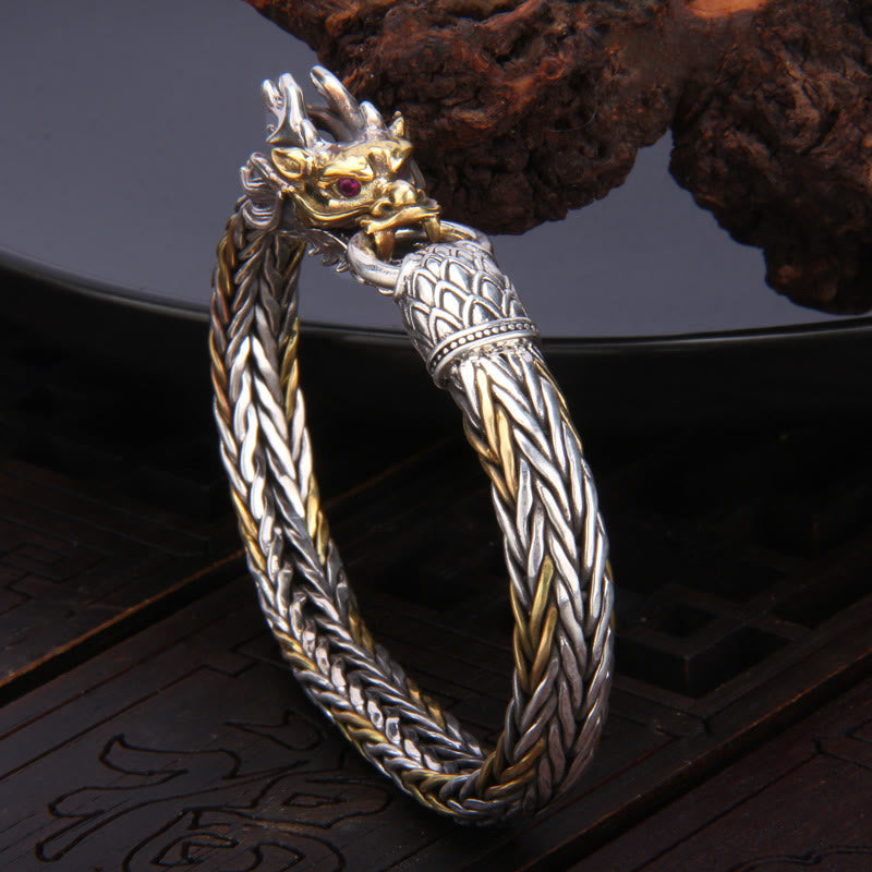 Braccialetto in metallo intrecciato con design a forma di drago Buddha Stones in argento sterling 925 Anno del drago di buon auspicio