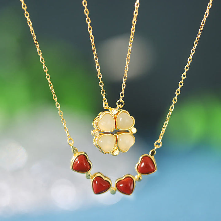 Collana con ciondolo Buddha Stones in argento sterling 925 con quadrifoglio, giada bianca, agata rossa e abbondanza