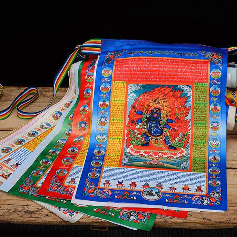 Buddha Stones Bandiera tibetana a 10 colori raffigurante il Buddha del Cavallo del Vento, simbolo di guarigione e buon auspicio per la preghiera all'aperto. - image 1