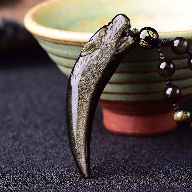 Buddha Stones Collana con ciondolo in ossidiana nera naturale, ossidiana di ghiaccio, ossidiana arcobaleno con motivo a dente di lupo e forza. - image 9