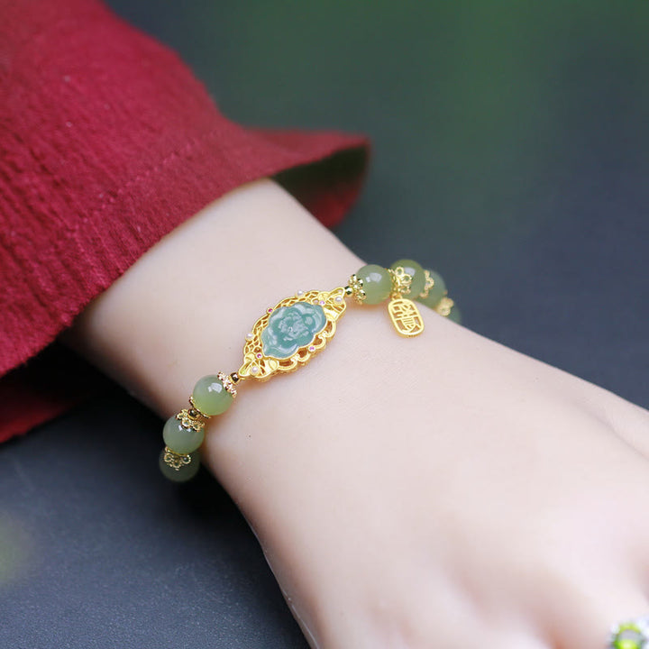 Braccialetto portafortuna in giada Hetian Lotus in argento sterling 925 placcato oro 14K